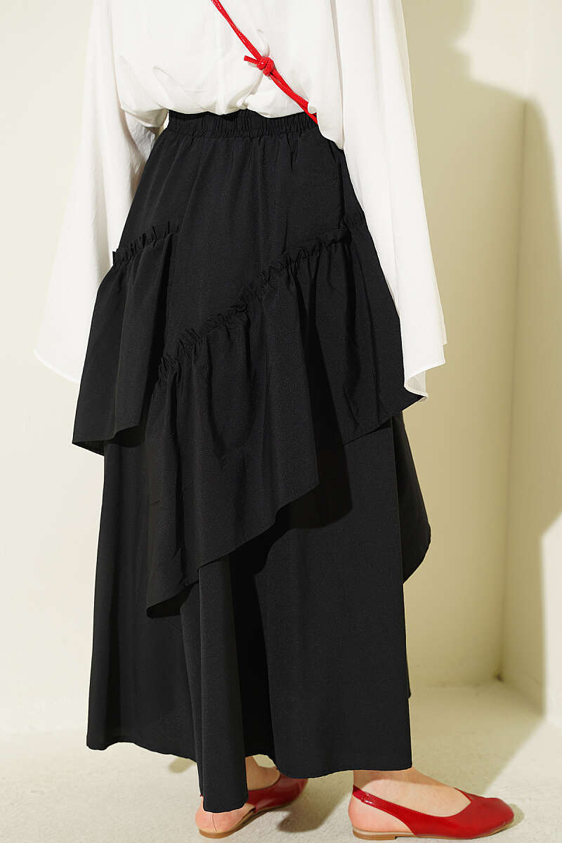Gathered Skirt with Elastic Waist - Black