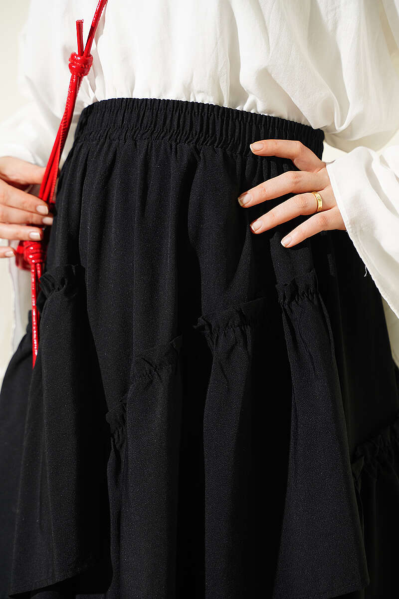 Gathered Skirt with Elastic Waist - Black