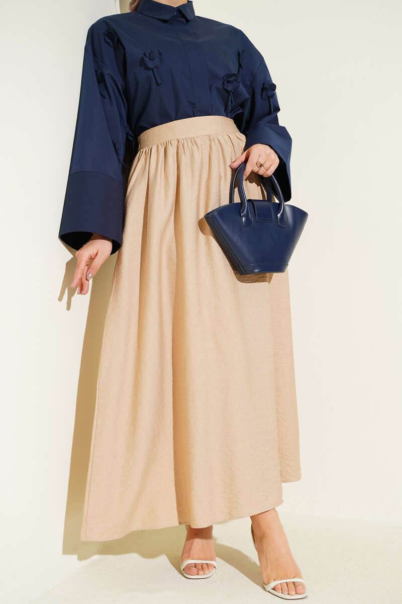 Flared Ruched Skirt with Elastic Waist - Beige