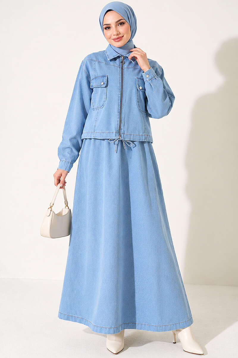Denim Pinafore Set with Jacket - Light Blue