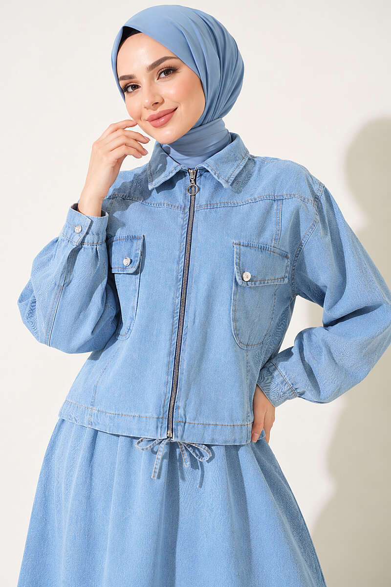 Denim Pinafore Set with Jacket - Light Blue