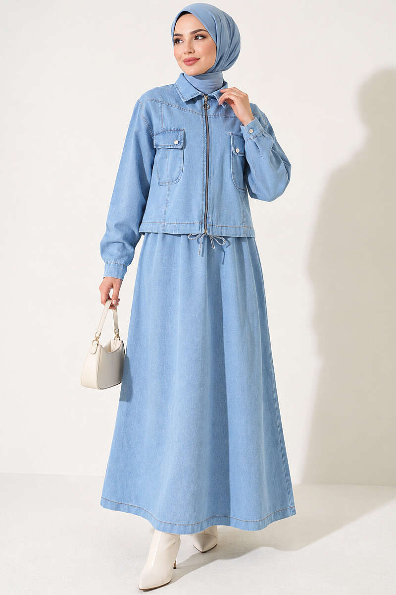 Denim Pinafore Set with Jacket - Light Blue