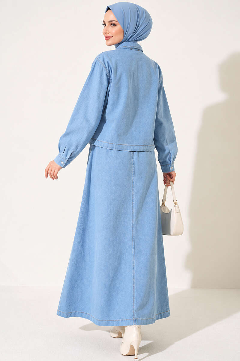 Denim Pinafore Set with Jacket - Light Blue