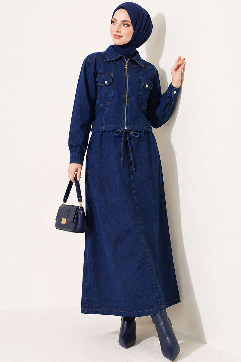 Denim Pinafore Set with Jacket - Navy