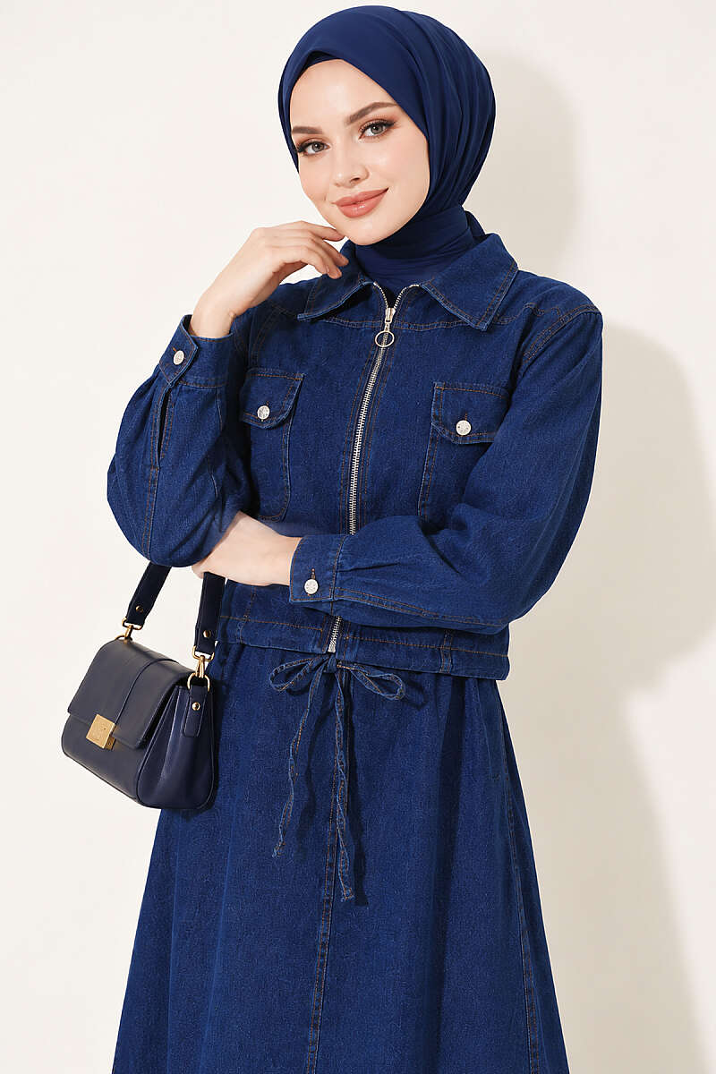 Denim Pinafore Set with Jacket - Navy