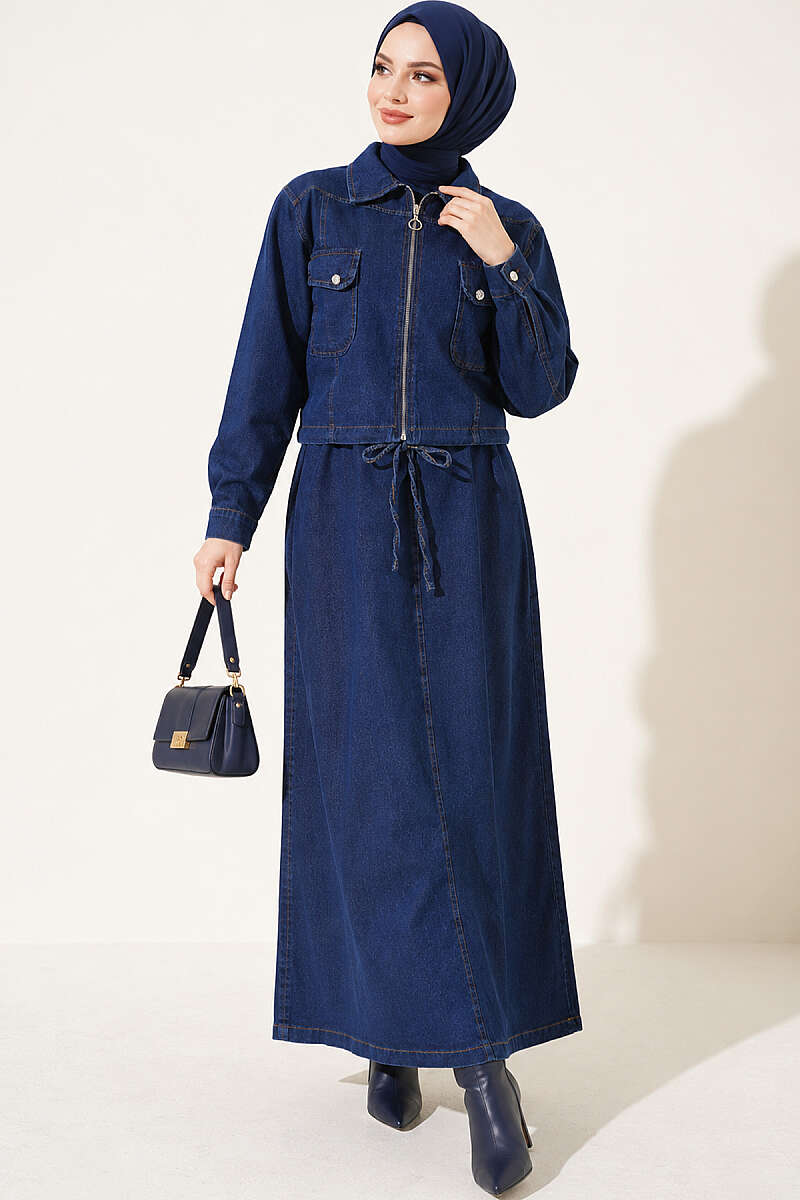 Denim Pinafore Set with Jacket - Navy