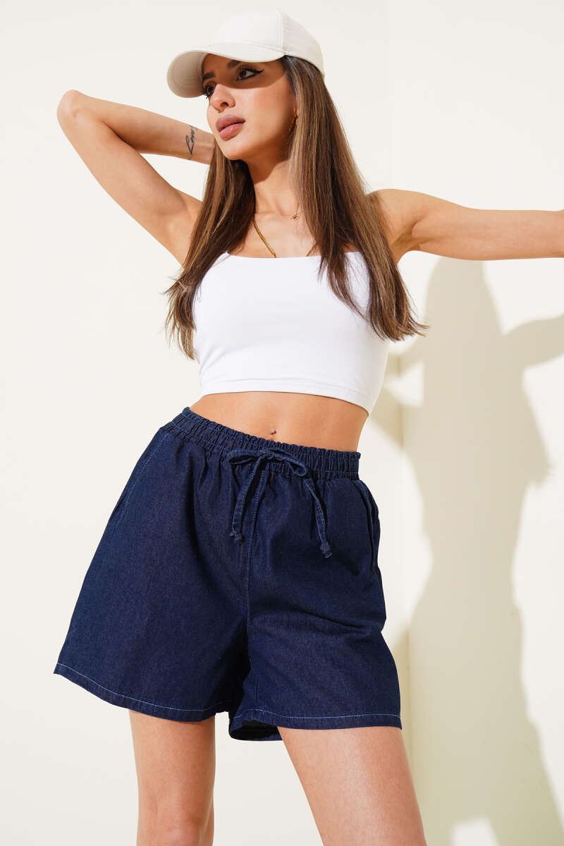 Denim Shorts with Pockets and Elastic Waist - Navy