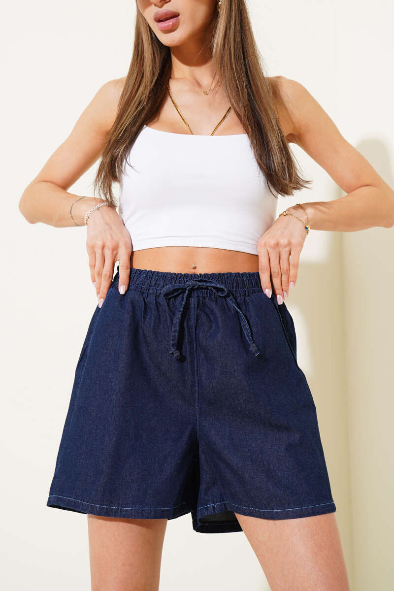 Denim Shorts with Pockets and Elastic Waist - Navy