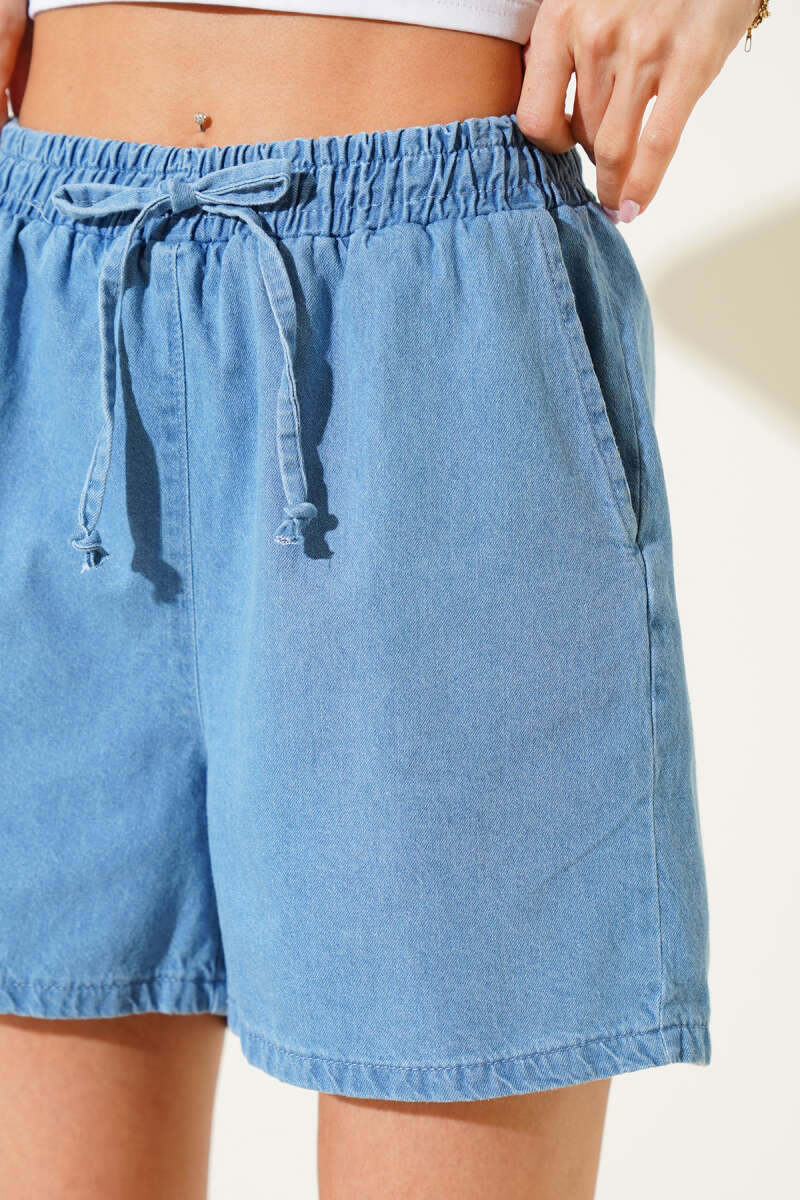 Denim Shorts with Pockets and Elastic Waist - Blue
