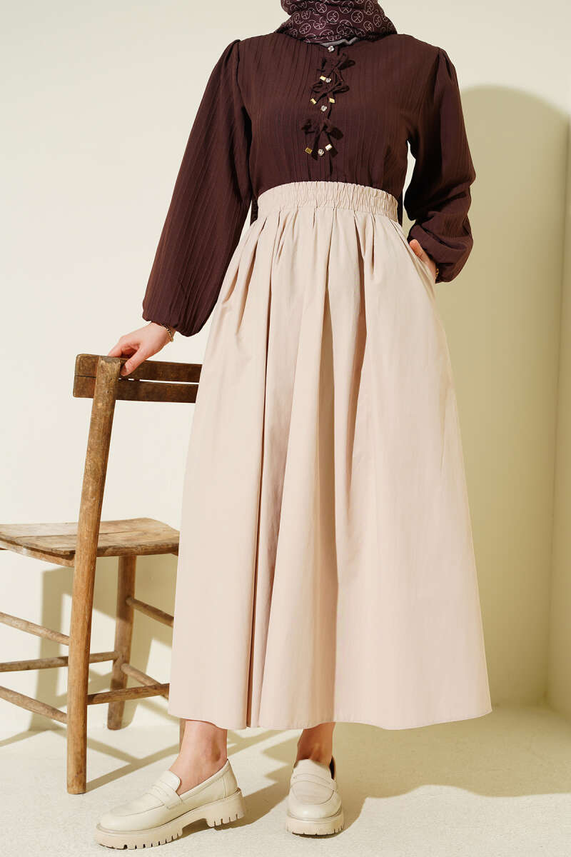 Poplin Skirt with Pockets and Elastic Waist - Beige