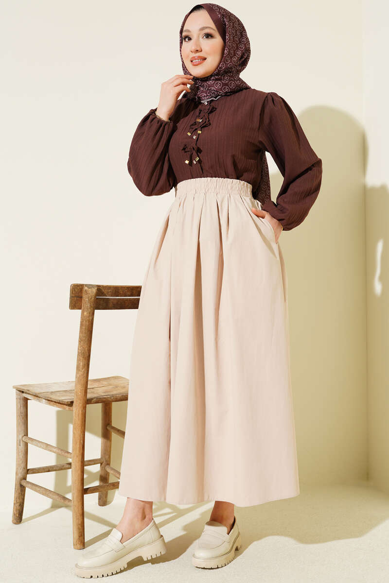 Poplin Skirt with Pockets and Elastic Waist - Beige