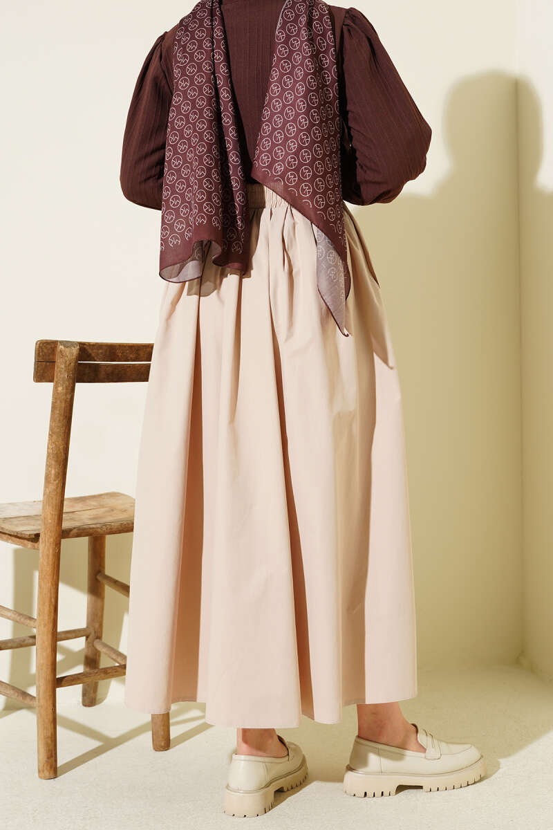 Poplin Skirt with Pockets and Elastic Waist - Beige