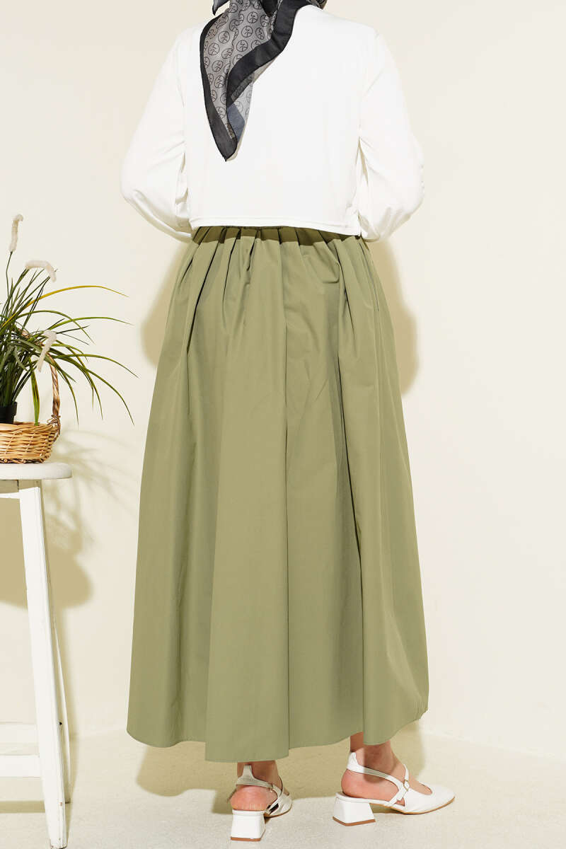 Poplin Skirt with Pockets and Elastic Waist - Almond Green