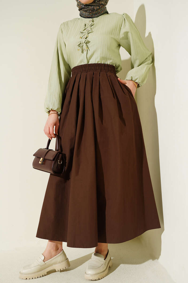 Poplin Skirt with Pockets and Elastic Waist - Brown