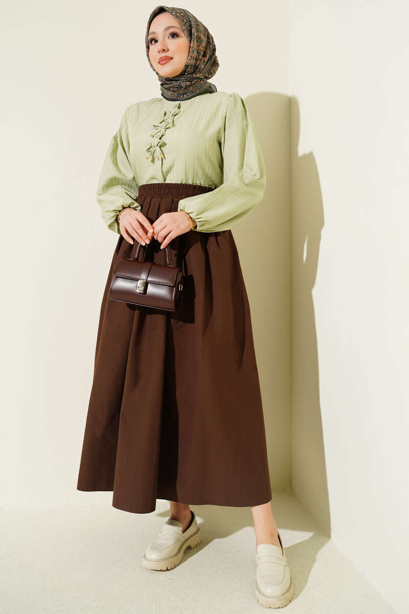 Poplin Skirt with Pockets and Elastic Waist - Brown