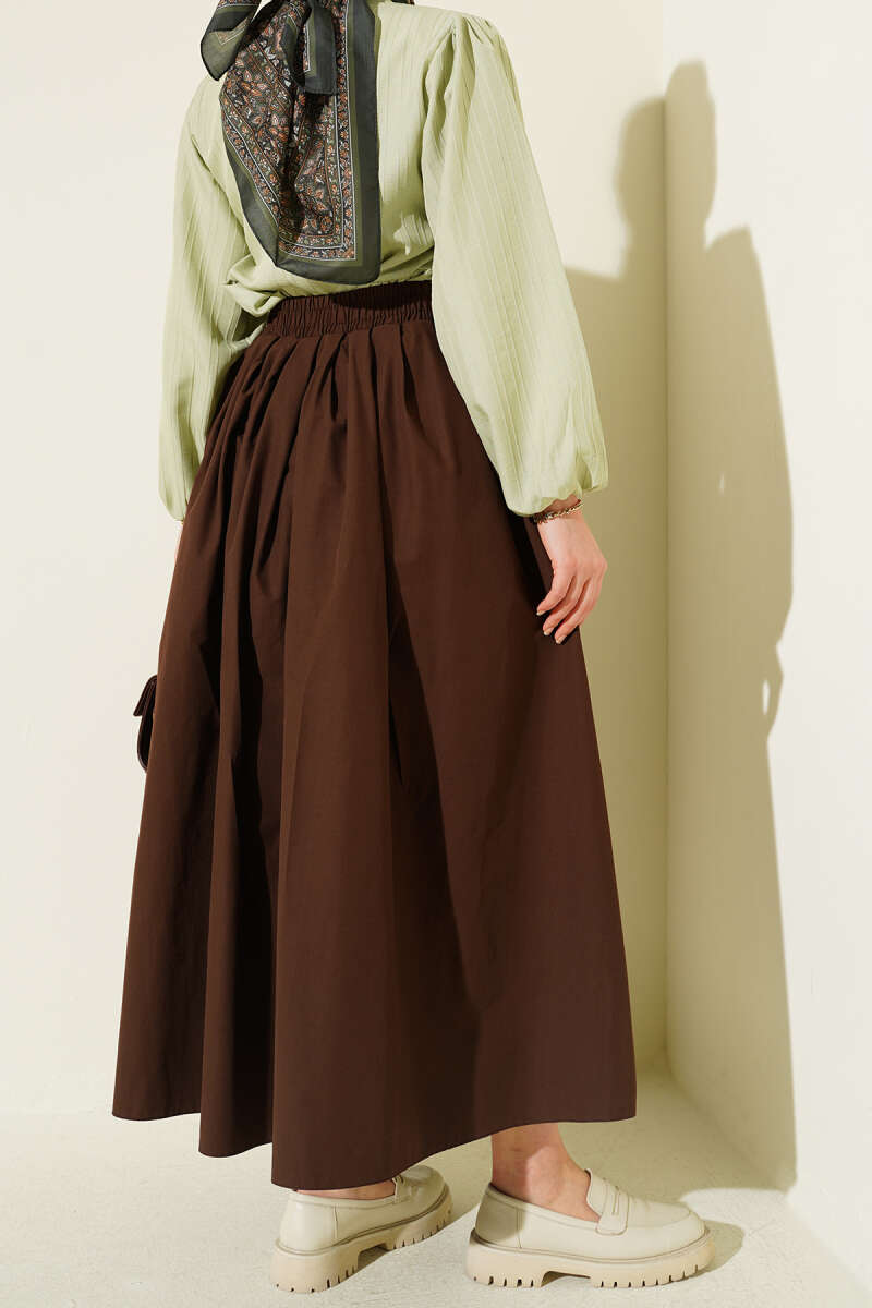 Poplin Skirt with Pockets and Elastic Waist - Brown