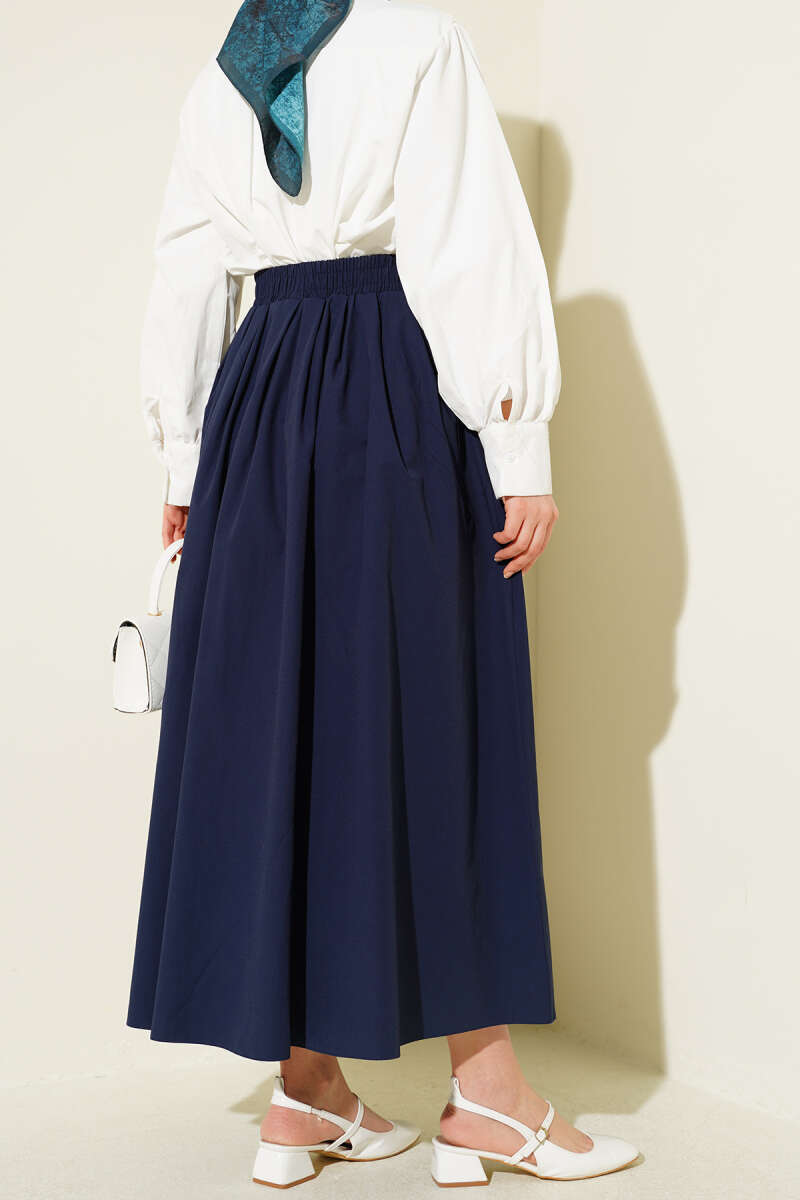 Poplin Skirt with Pockets and Elastic Waist - Navy