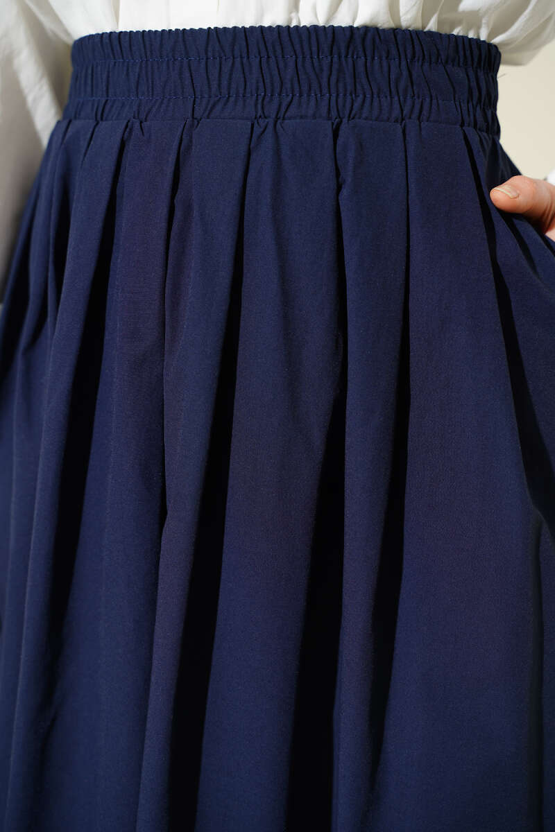 Poplin Skirt with Pockets and Elastic Waist - Navy