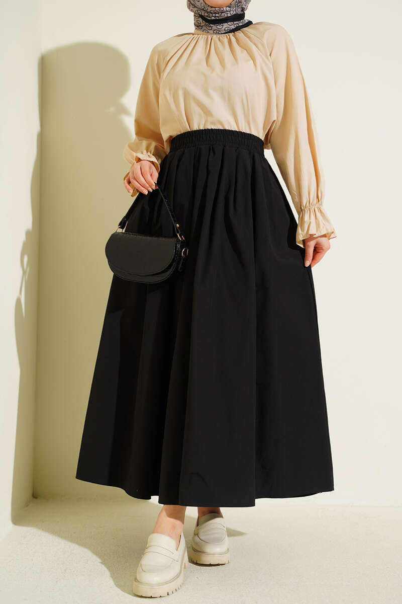 Poplin Skirt with Pockets and Elastic Waist - Black