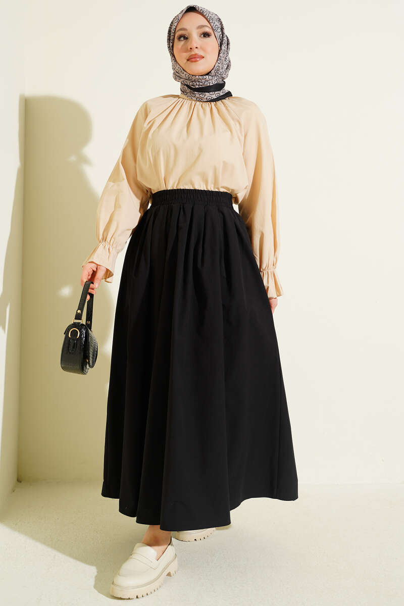 Poplin Skirt with Pockets and Elastic Waist - Black