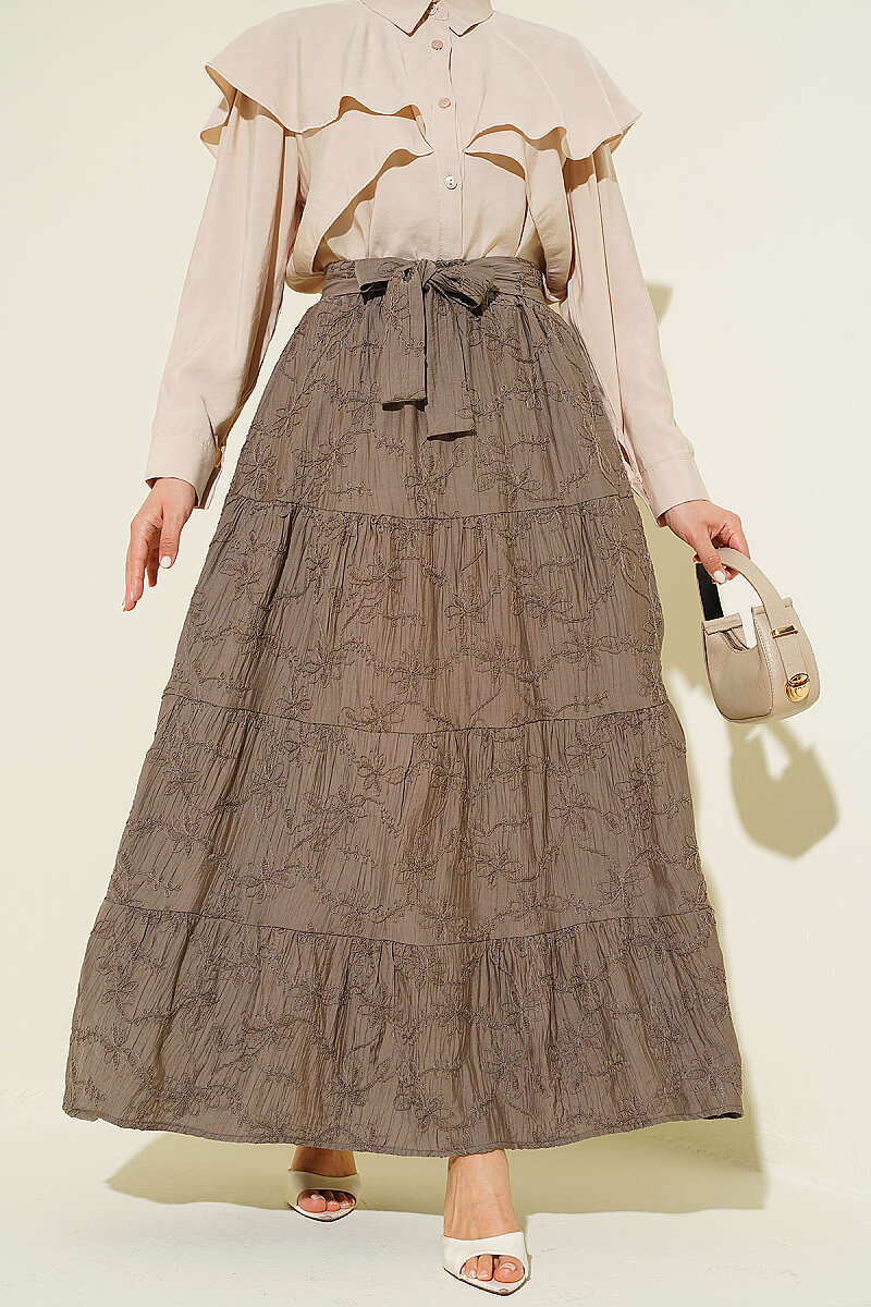 Tiered Floral-Embroidered Skirt with Elastic Waist - Mink