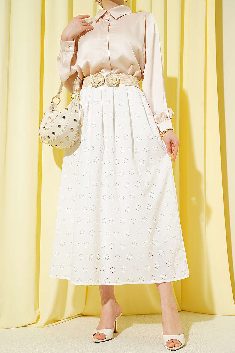Floral Embroidered Skirt with Elastic Waist - Ecru