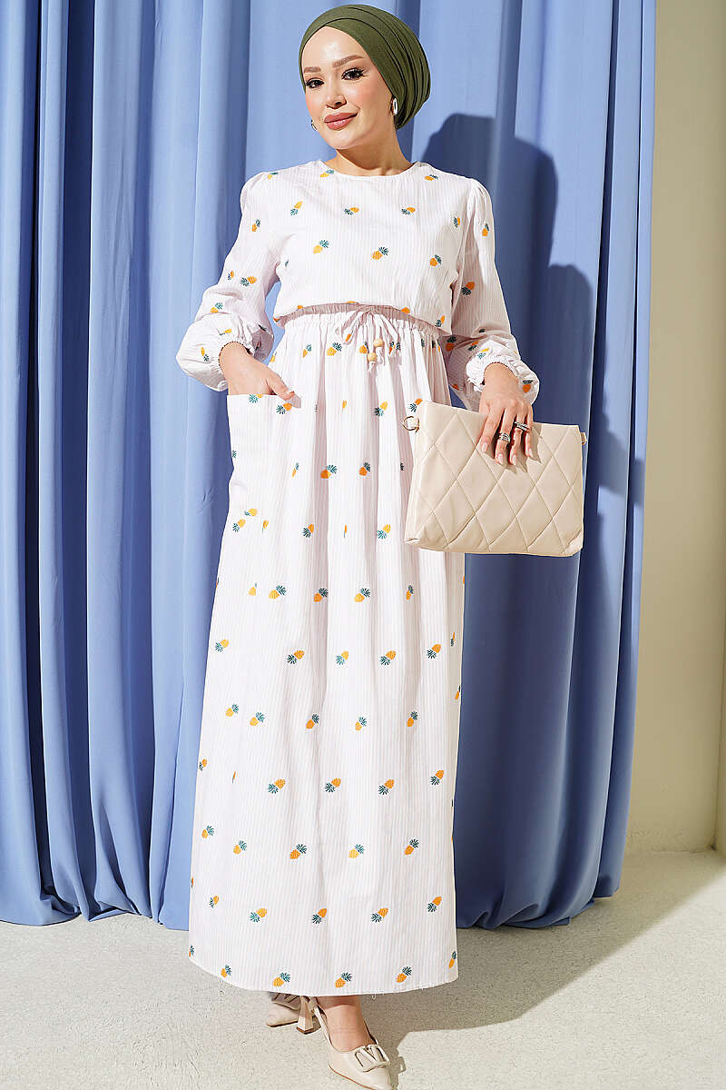 Striped Pineapple Print Dress with Elastic Waist - Yellow