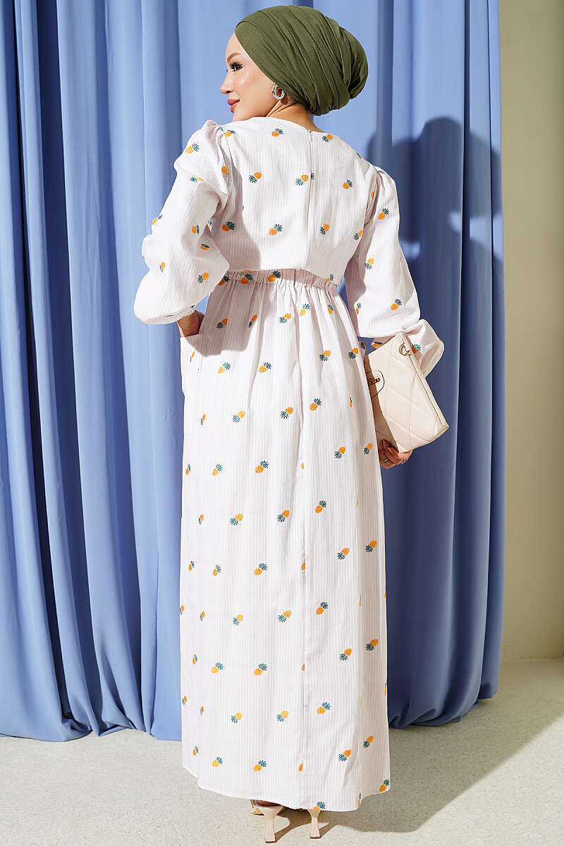 Striped Pineapple Print Dress with Elastic Waist - Yellow