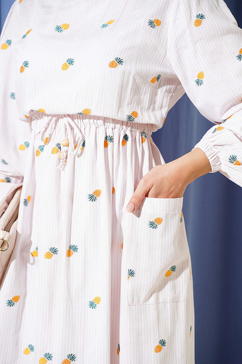 Striped Pineapple Print Dress with Elastic Waist - Yellow