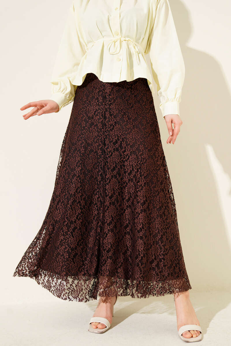 Lace Flared Skirt with Elastic Waist - Brown