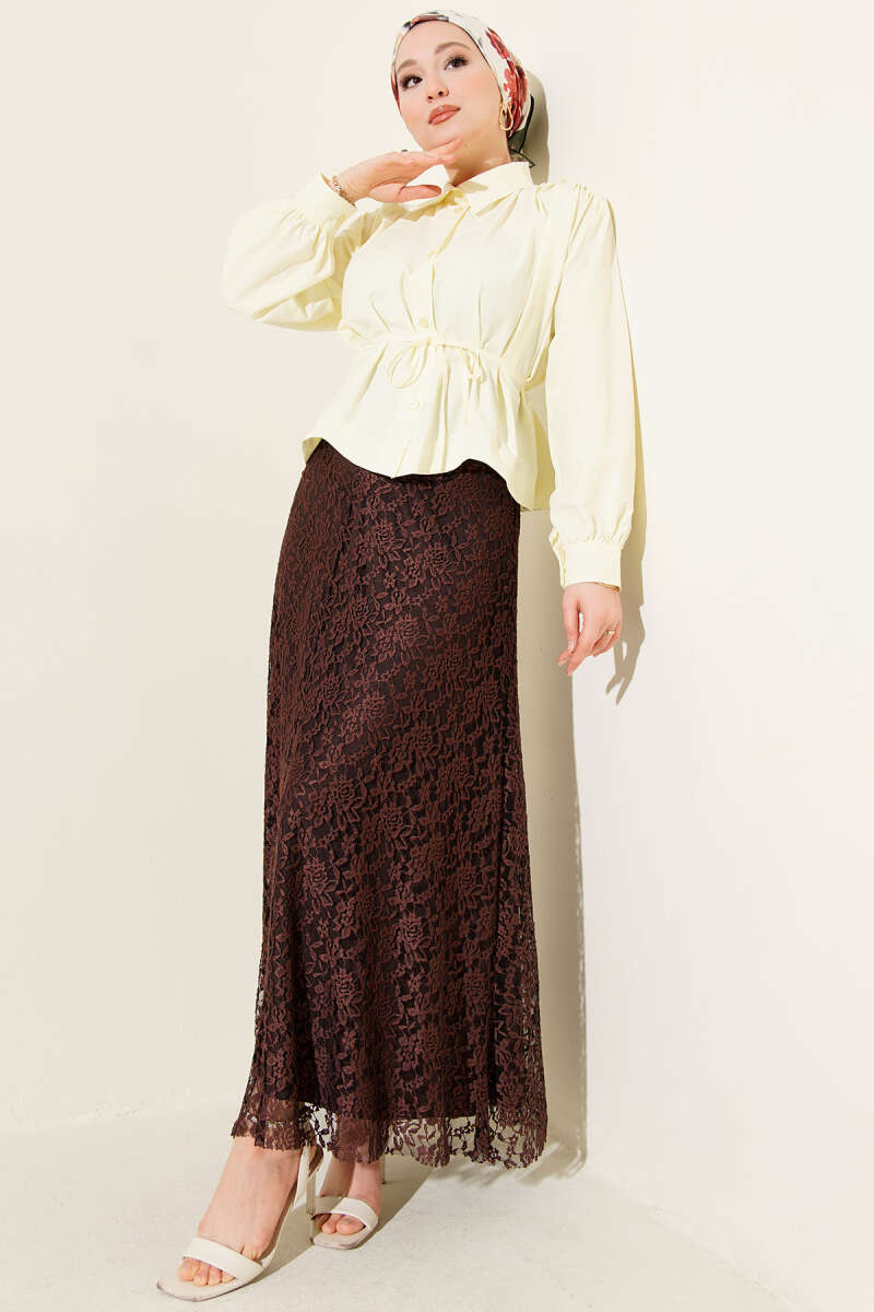Lace Flared Skirt with Elastic Waist - Brown