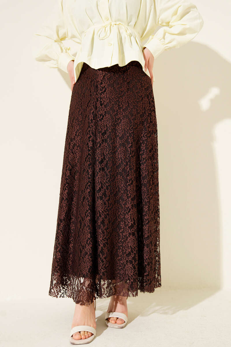 Lace Flared Skirt with Elastic Waist - Brown