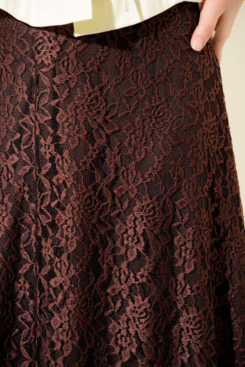 Lace Flared Skirt with Elastic Waist - Brown