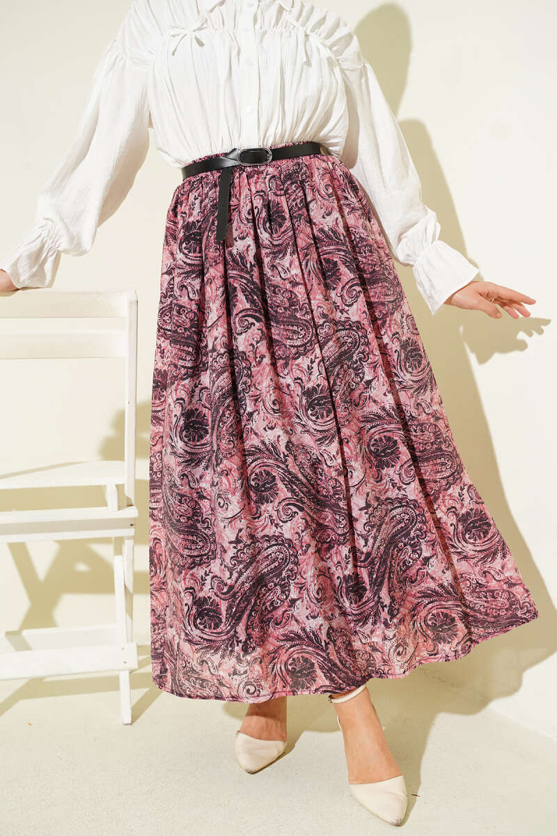 Belted Printed Skirt with Elastic Waist - Dusty Rose
