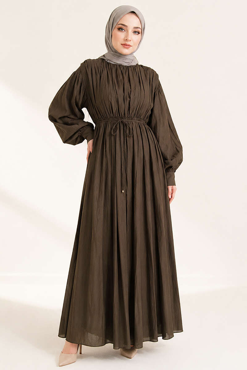 Vertical-Pleat Dress with Elastic Waist - Dark Brown