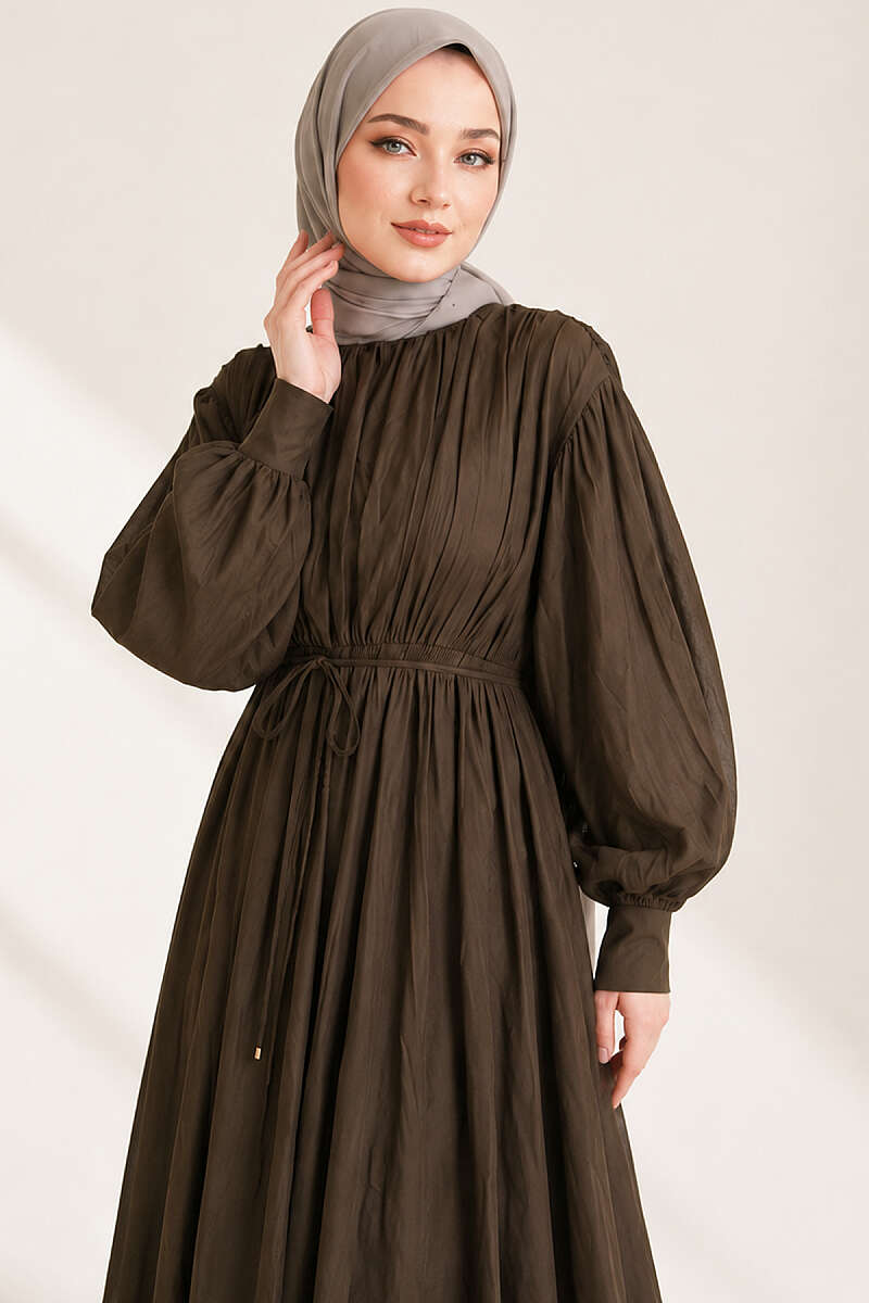Vertical-Pleat Dress with Elastic Waist - Dark Brown