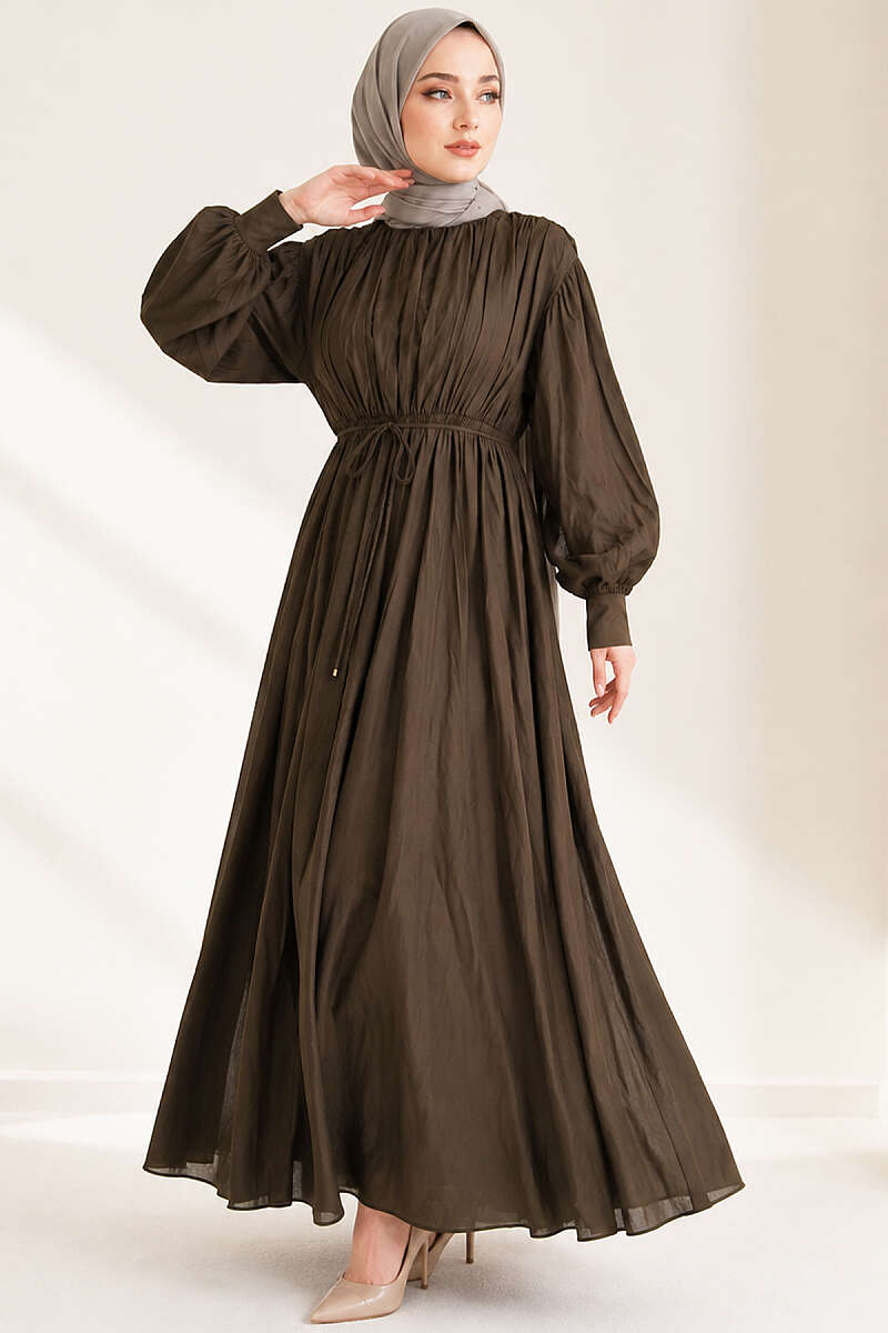 Vertical-Pleat Dress with Elastic Waist - Dark Brown
