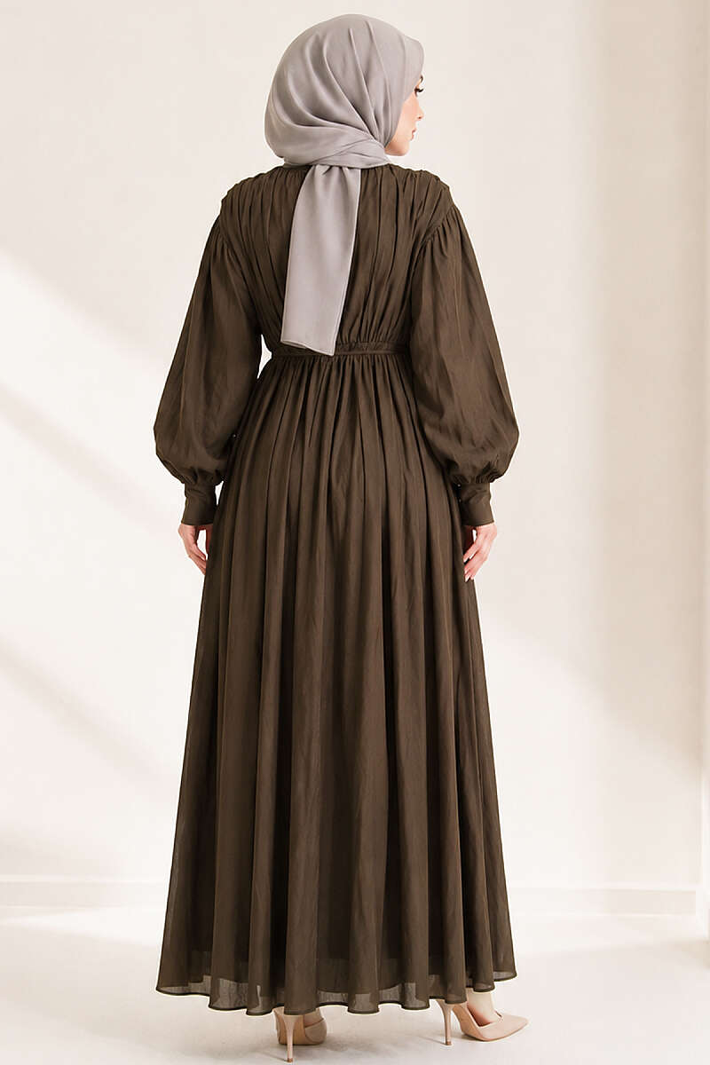 Vertical-Pleat Dress with Elastic Waist - Dark Brown