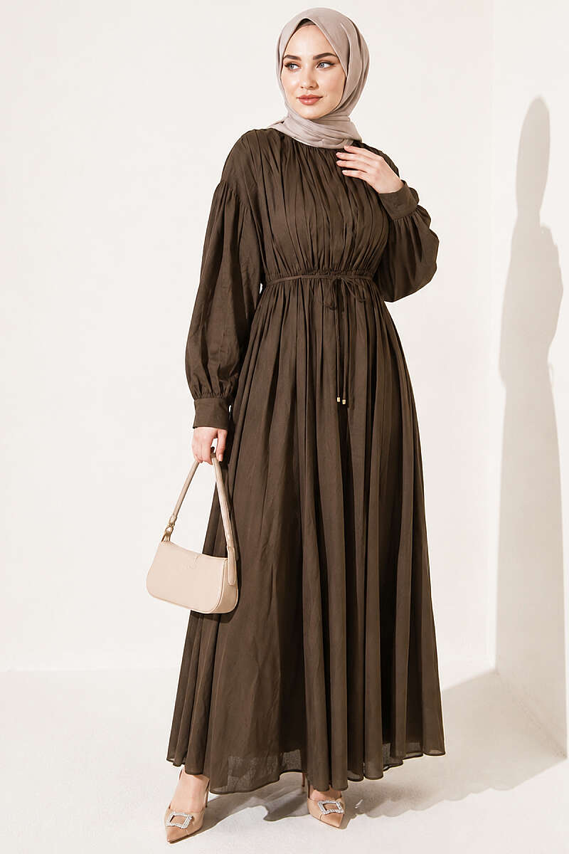 Vertical-Pleat Dress with Elastic Waist - Khaki