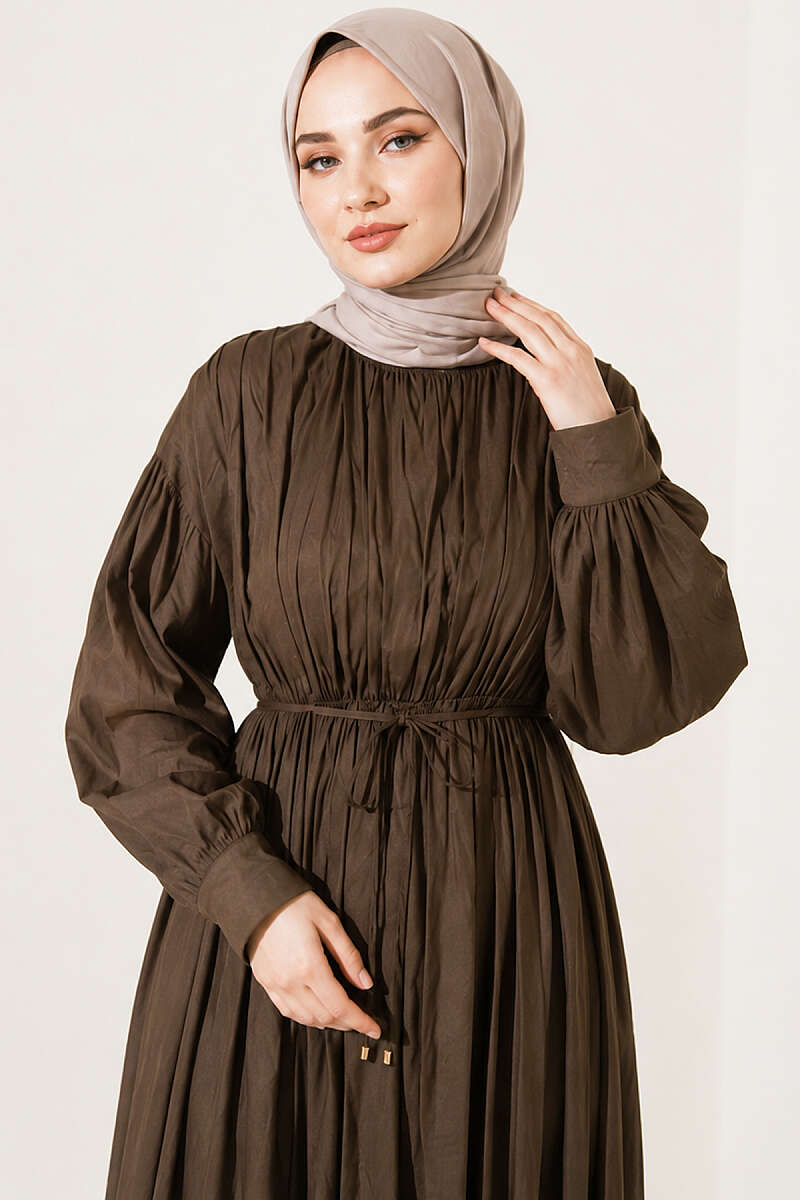 Vertical-Pleat Dress with Elastic Waist - Khaki