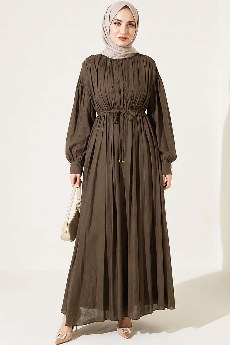 Vertical-Pleat Dress with Elastic Waist - Khaki