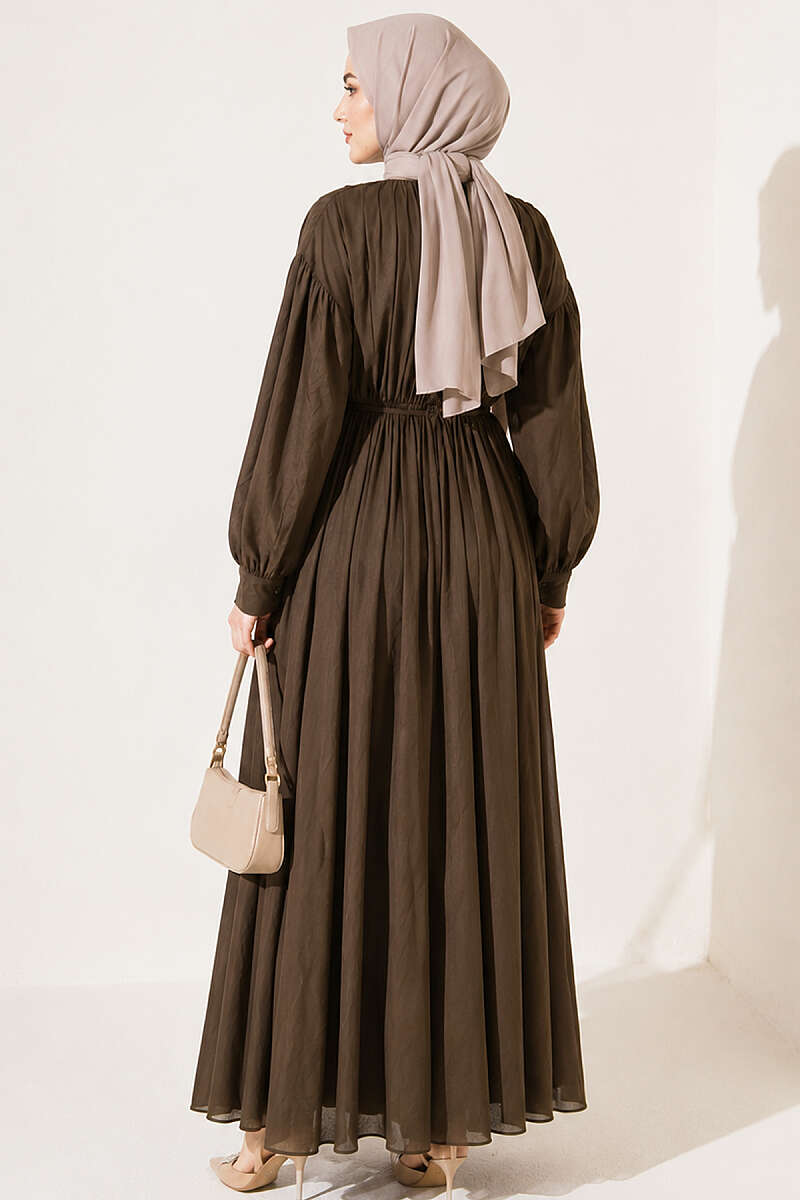 Vertical-Pleat Dress with Elastic Waist - Khaki