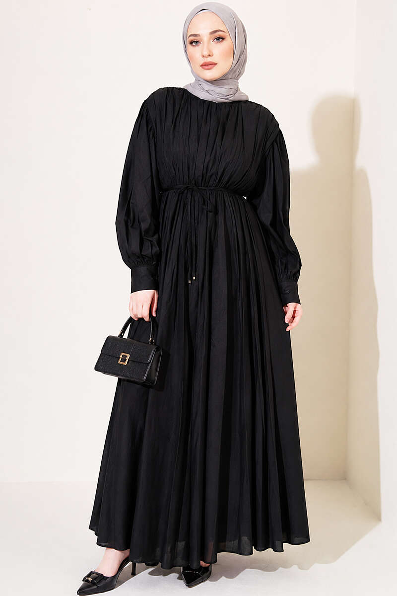 Vertical-Pleat Dress with Elastic Waist - Black