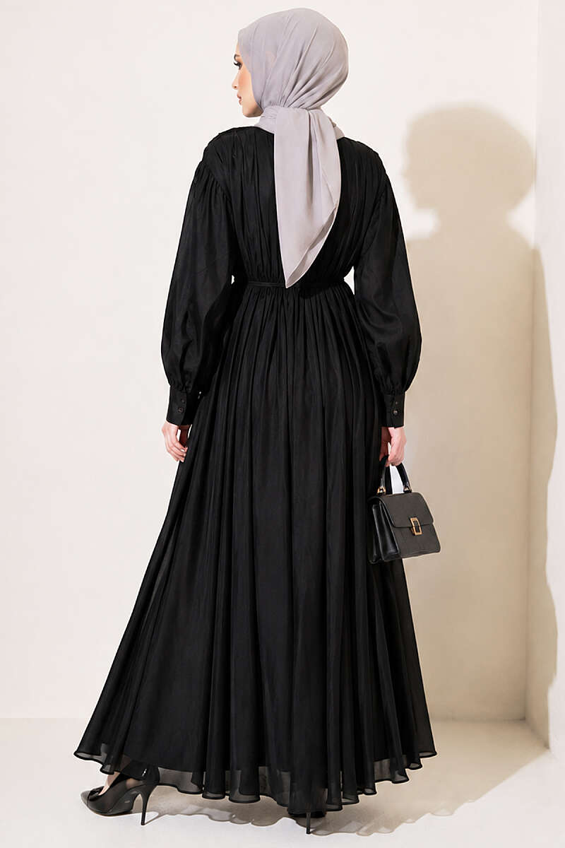 Vertical-Pleat Dress with Elastic Waist - Black