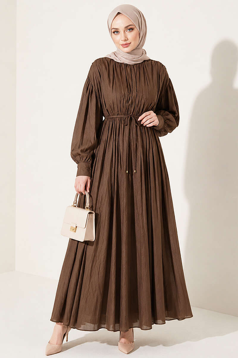 Vertical-Pleat Dress with Elastic Waist - Mink