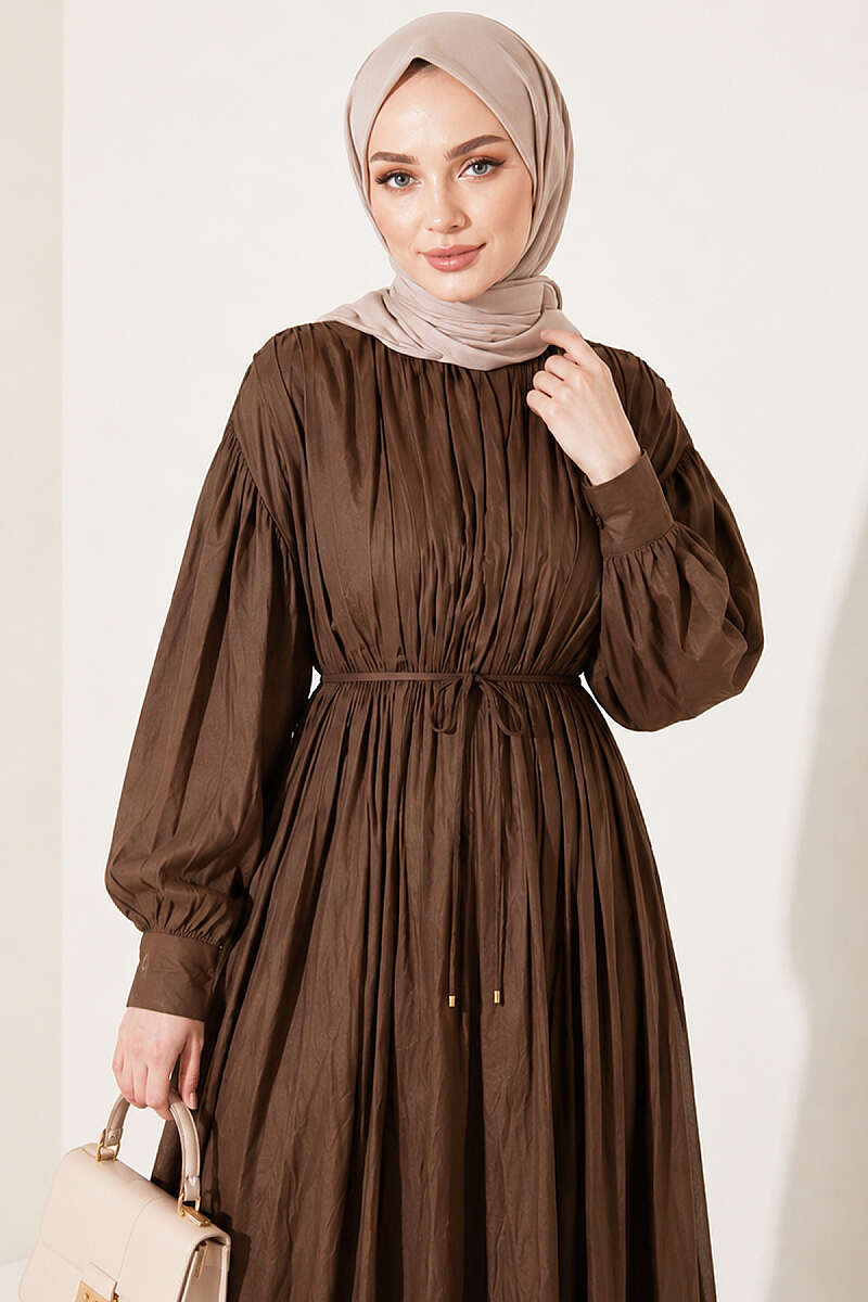 Vertical-Pleat Dress with Elastic Waist - Mink