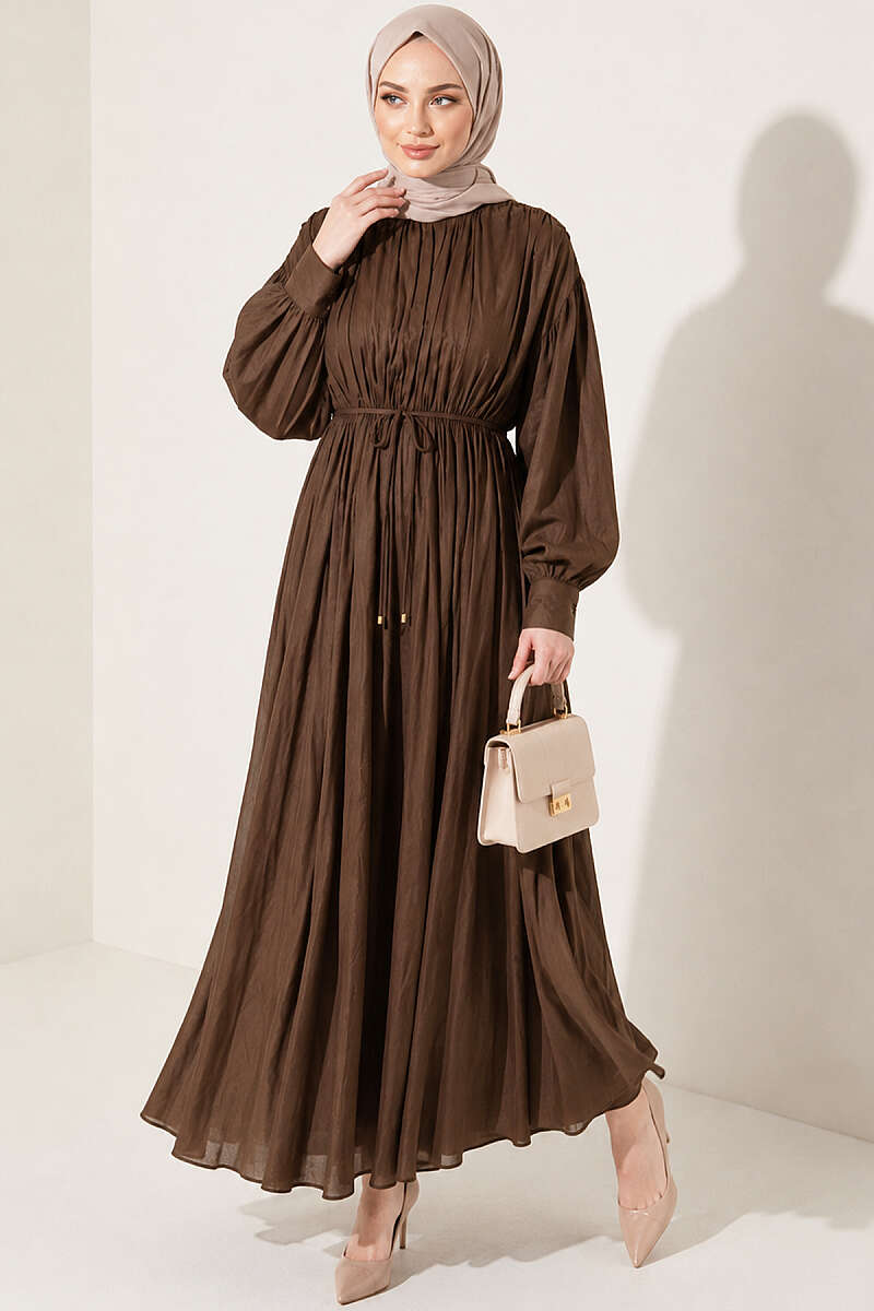 Vertical-Pleat Dress with Elastic Waist - Mink