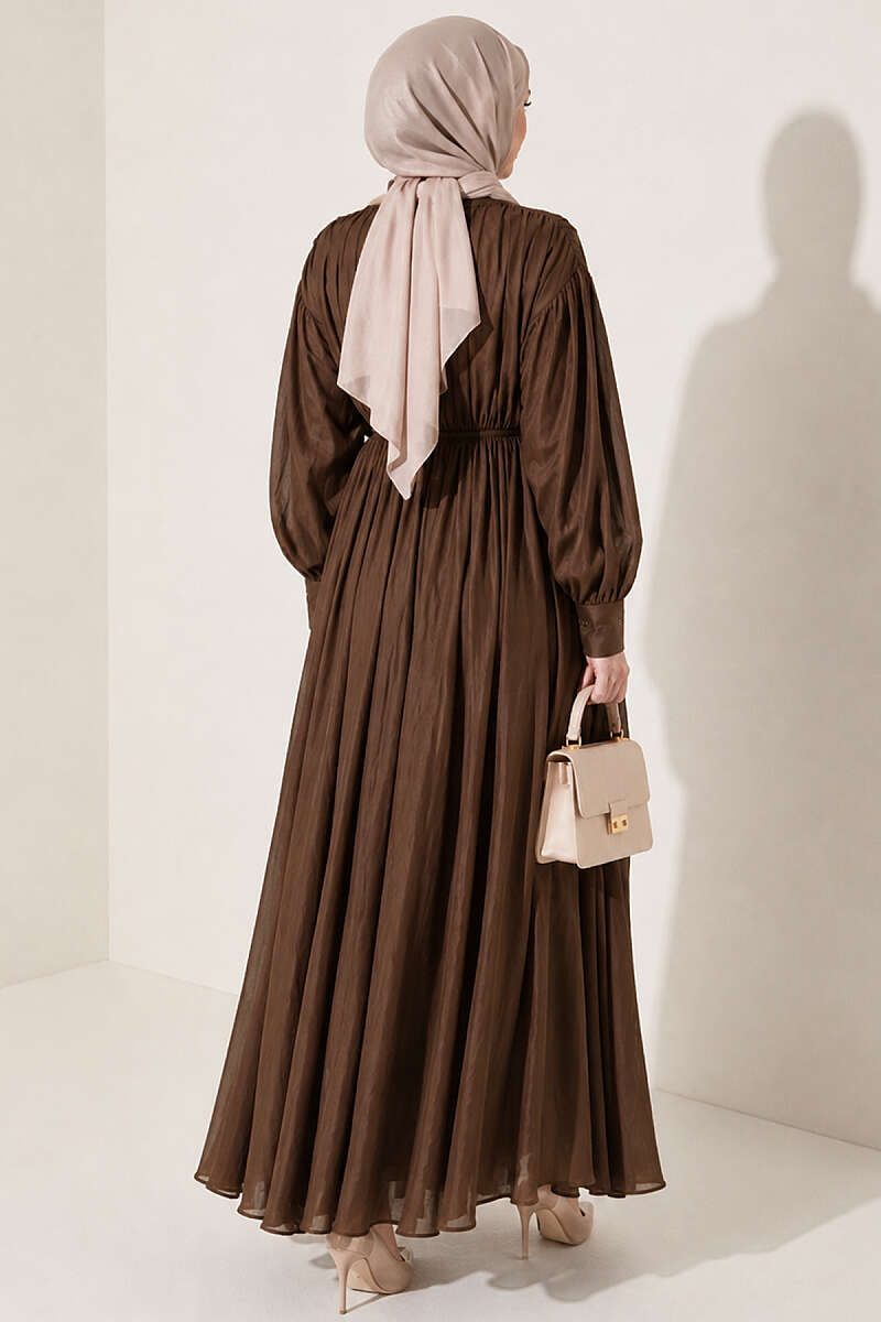 Vertical-Pleat Dress with Elastic Waist - Mink