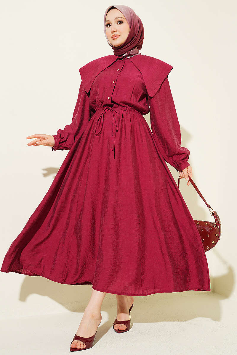 Sailor-Collar Button Dress with Elastic Waist - Burgundy