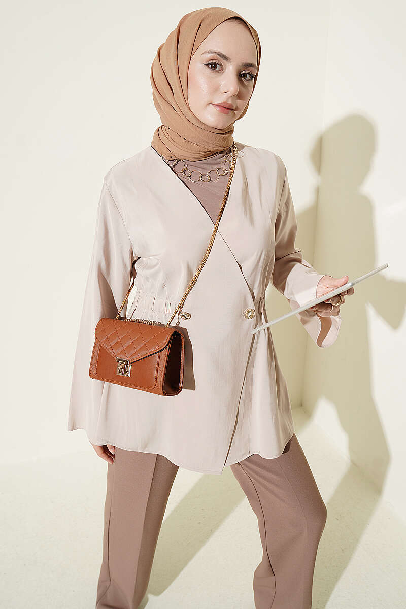Tencel Button Jacket with Elastic Waist - Beige